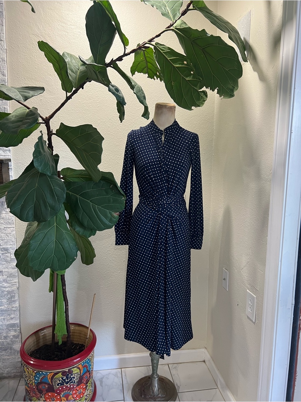 Ralph Lauren Navy Polka Dot Midi Dress